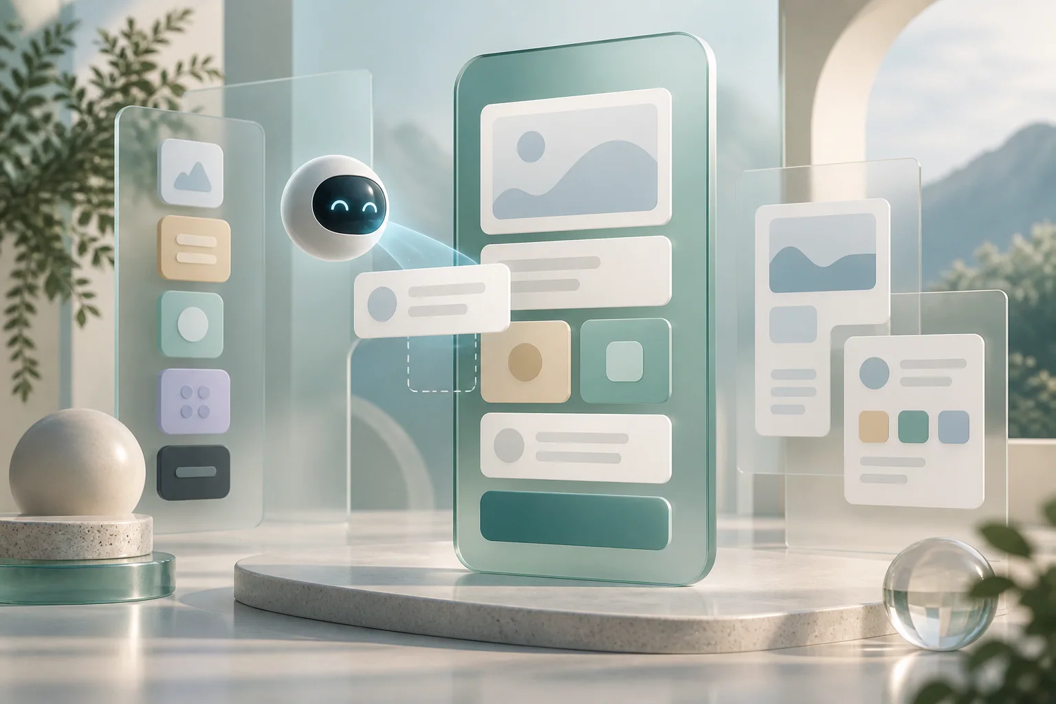 Conceptual modular workspace representing AI-assisted mobile app creation