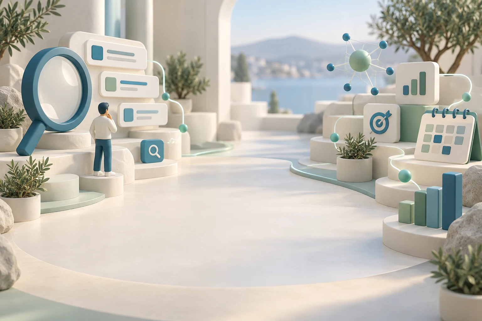 Conceptual search and marketing intelligence scene with search tools, connected signals, analytics and a content calendar
