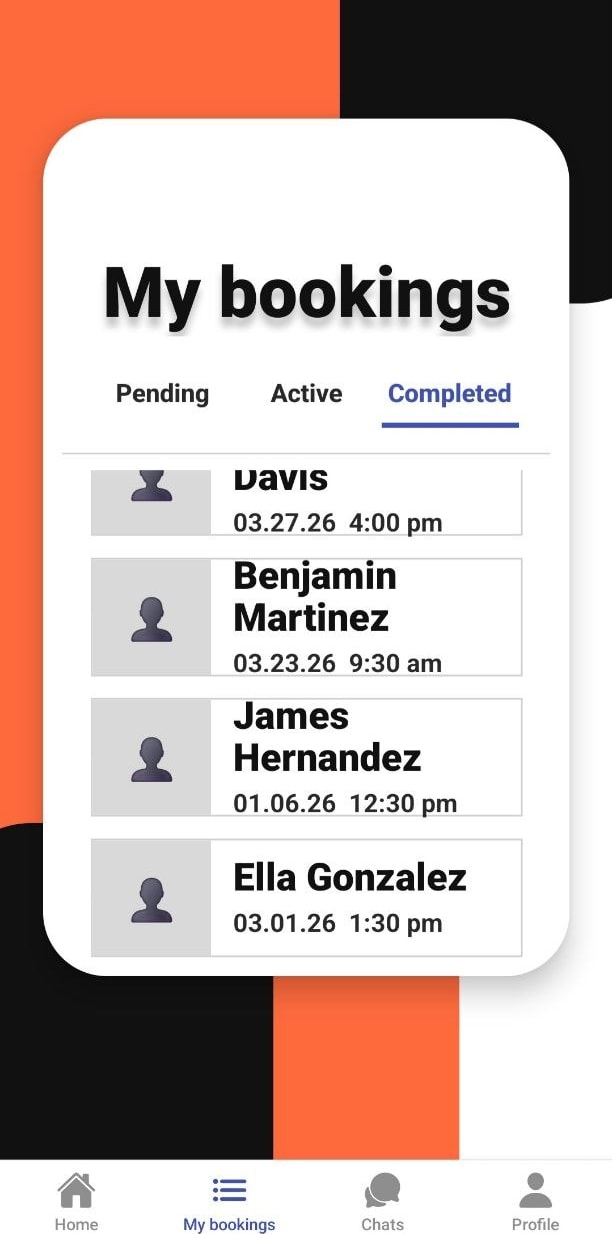 ChefXperience completed bookings view with fictional profiles