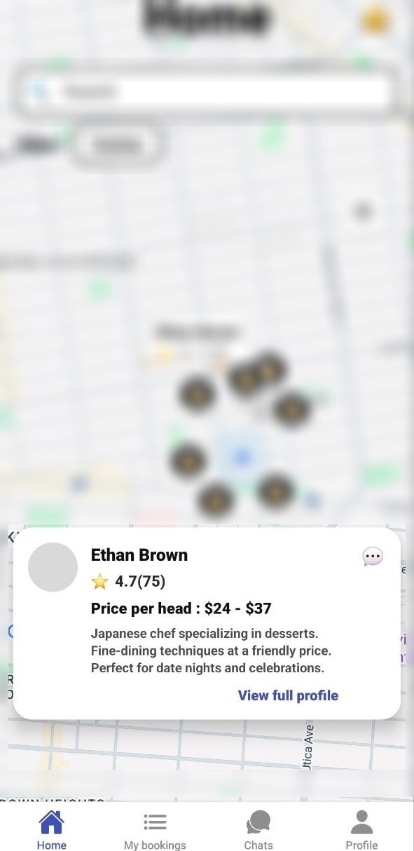ChefXperience chef discovery map with location details blurred