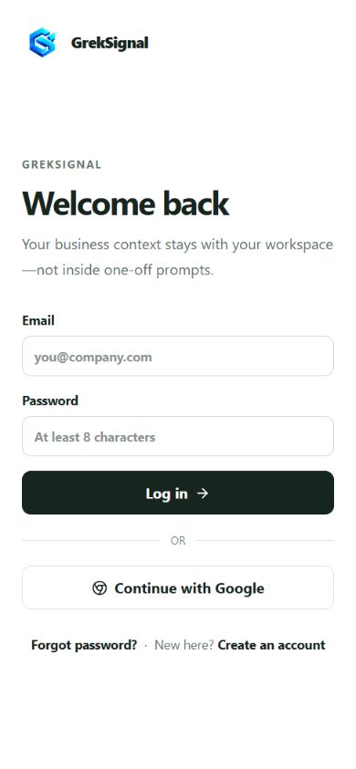 GrekSignal mobile sign-in screen