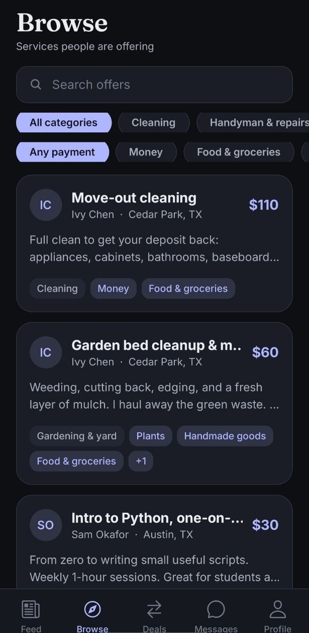 Grek Mate local opportunity browser with fictional listings